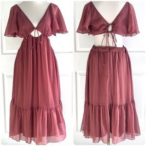 NWT Asos Mauve Pink Flutter Sleeve Cutout Detail Chiffon Midi Dress Womens sz 4
